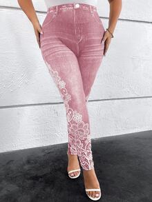 SHEIN Clasi Plus Size Casual Floral Print Leggings,Fall - Pink - View 7