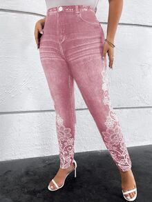 SHEIN Clasi Plus Size Casual Floral Print Leggings,Fall - Pink - View 5