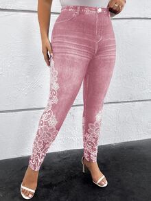 SHEIN Clasi Plus Size Casual Floral Print Leggings,Fall - Pink - View 8