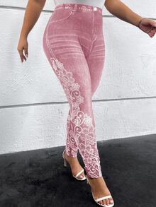 SHEIN Clasi Plus Size Casual Floral Print Leggings,Fall - Pink - View 9