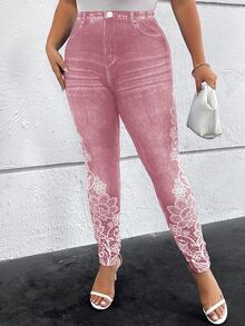 SHEIN Clasi Plus Size Casual Floral Print Leggings,Fall - Pink - View 4