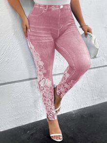 SHEIN Clasi Plus Size Casual Floral Print Leggings,Fall - Pink - View 6