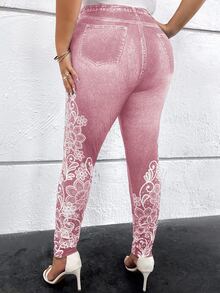 SHEIN Clasi Plus Size Casual Floral Print Leggings,Fall - Pink - View 3