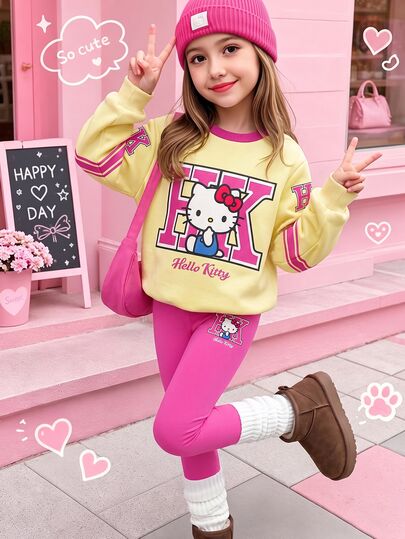 HELLO KITTY AND FRIENDS | SHEIN Set di felpa girocollo e leggings per ragazze pre-adolescenti con stampa di lettere e cartoni animati, giallo e fucsia, con cappello e borsa, 2 pezzi