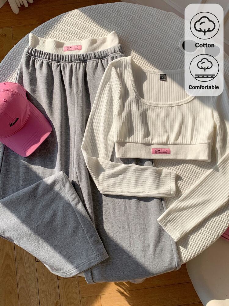 Comfortcana Women's Letter Print Long Sleeve Cropped T-Shirt And Wide Leg Pants Casual 2 Pieces Set - Light Grey - View 9