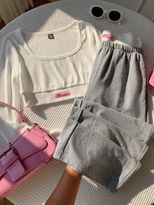Comfortcana 女款字母印花長袖短版T恤與寬腿褲休閒兩件套 - 淺灰色 - 查看 6
