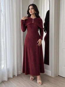 Feyla Women's Solid Color Casual Party Long Dress - Burgundy - View 1
