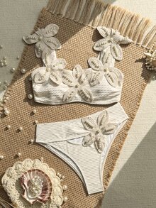 SHEIN SunnyBelle 春夏熱銷布料隨機星魚裝飾性感高端優雅度假比基尼套裝 - 米色 - 查看 5
