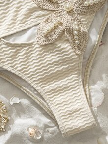 SHEIN SunnyBelle 春夏熱銷布料隨機星魚裝飾性感高端優雅度假比基尼套裝 - 米色 - 查看 8