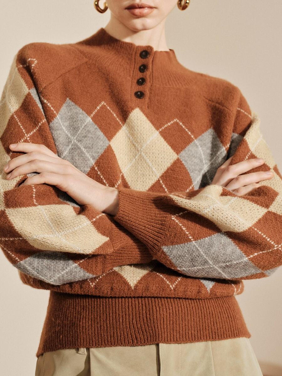 Arave Women Knit Sweater Loose Raglan Drop Shoulder Ribbed Half High Neck Button Contrast Vintage Preppy Brown Beige Grey Argyle Autumn Clothes Thanksgiving - Multicolor - View 1