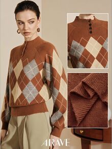 Arave Women Knit Sweater Loose Raglan Drop Shoulder Ribbed Half High Neck Button Contrast Vintage Preppy Brown Beige Grey Argyle Autumn Clothes Thanksgiving - Multicolor - View 8