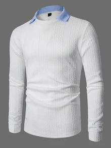Calvornis Men's Colorblock Casual Daily Long Sleeve Polo Shirt - White - View 3
