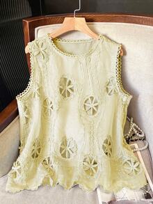 Lacomfia Women's Elegant Minimalist Round Neck Hollow Floral Plus Size Camisole Date Night Sage Green Summer - Yellow - View 3