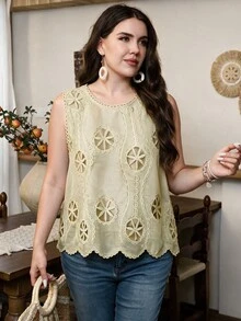 Lacomfia Women's Elegant Minimalist Round Neck Hollow Floral Plus Size Camisole Date Night Sage Green Summer - Yellow - View 1