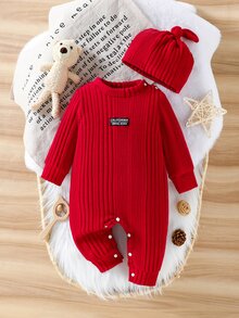 SHEIN Newborn Ribbed Knit Long Sleeve Romper With Hat Set, Red Autumn Cute Babygirl Family Matching Outfit, Infant Boy Gown, Photography Round Neck - Burgundy - View 4