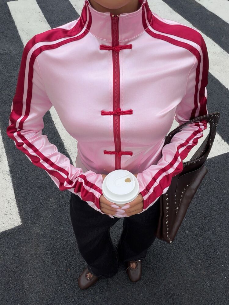 Muchica Women's Pink Satin Zip Up Jacket With Red Contrast Stripes Frog Closures, Slim Fit Y2K Chinese-Inspired Fall Streetwear Top Everyday Going Out - Multicolor - View 3