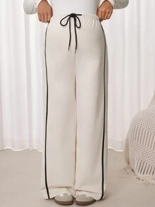SHEIN Maternity Drawstring Waist Colorblock Casual Daily Long Pants - Khaki - View 5