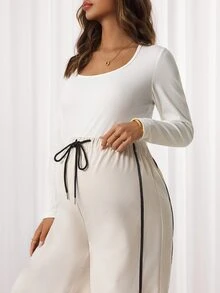 SHEIN Maternity Drawstring Waist Colorblock Casual Daily Long Pants - Khaki - View 7