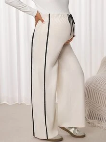 SHEIN Maternity Drawstring Waist Colorblock Casual Daily Long Pants - Khaki - View 3