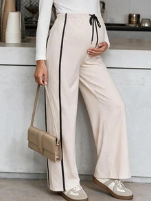 SHEIN Maternity Drawstring Waist Colorblock Casual Daily Long Pants - Khaki - View 1