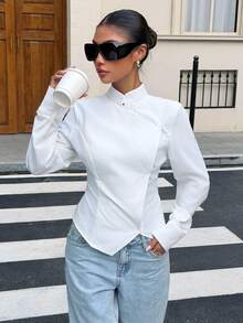 Muchica Women's New Autumn White New Chinese Style Asymmetrical Collar Long Sleeve Blouse For Going Out, Streetwear, Y2K - White - View 1