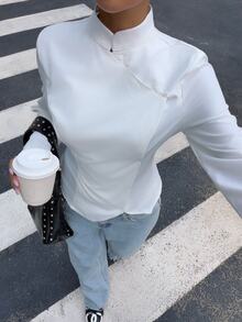Muchica Women's New Autumn White New Chinese Style Asymmetrical Collar Long Sleeve Blouse For Going Out, Streetwear, Y2K - White - View 5