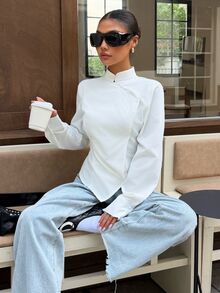 Muchica Women's New Autumn White New Chinese Style Asymmetrical Collar Long Sleeve Blouse For Going Out, Streetwear, Y2K - White - View 6