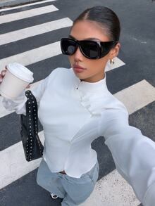 Muchica Women's New Autumn White New Chinese Style Asymmetrical Collar Long Sleeve Blouse For Going Out, Streetwear, Y2K - White - View 4