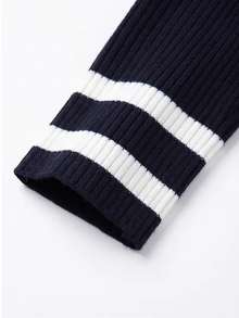 SHEIN Women's Collared Long Sleeve Colorblock Slim Fit Knit Top, Suitable For Spring/Autumn, Autumn/Winter, Daily Commute Wear, Navy Blue With Beige Trim - Navy Blue - View 6