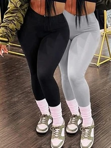 Slaydiva 2件套女士高腰纯色紧身打底裤，适合秋夏季 - 彩色 - 查看 7