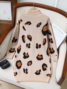 SHEIN 少女秋冬豹紋高領長袖休閒針織洋裝 - 彩色 - 查看 2
