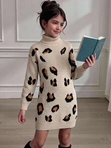 SHEIN 少女秋冬豹紋高領長袖休閒針織洋裝 - 彩色 - 查看 1