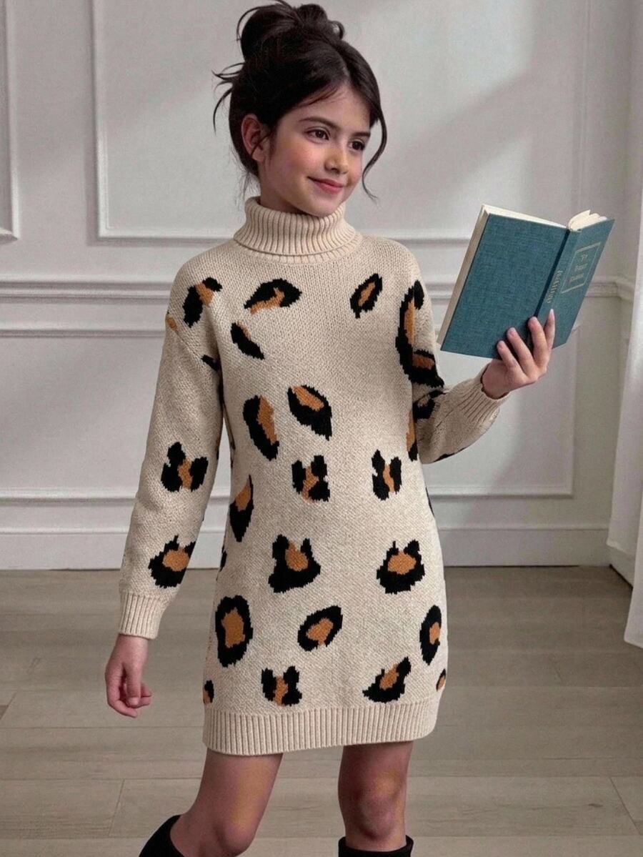 SHEIN 少女秋冬豹紋高領長袖休閒針織洋裝 - 彩色 - 查看 1