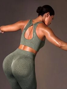 Solea Cove Solea Cove Seamless Women's Sports Set, U-Neck Backless High-Intensity Workout Bra And High-Waist Butt-Lifting Leggings 2 Pieces Set, Exercise Workout Pants - Green - View 11