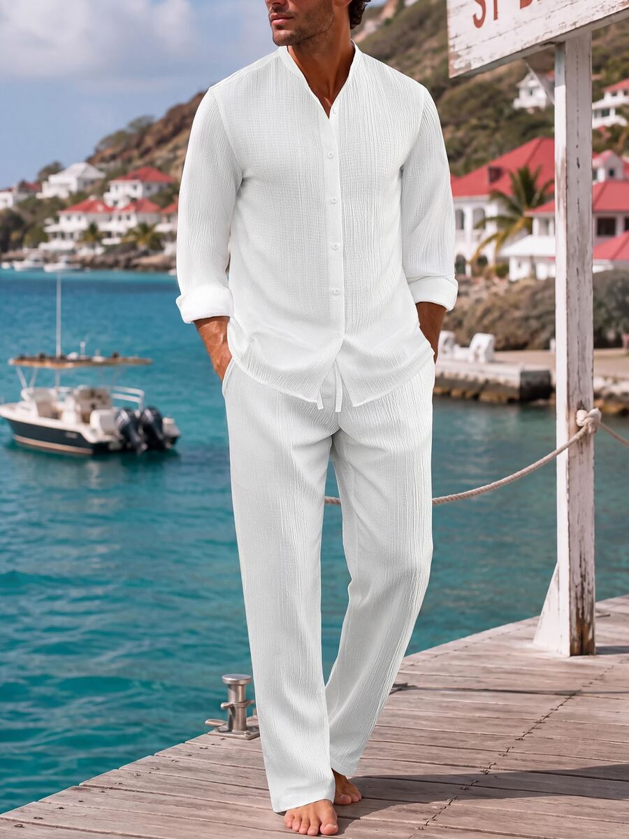 VENTUSAIL Chinese Style White Bubble Textured 2 Pieces Set For Men, Stand Collar Long Sleeve Shirt With Drawstring Straight Leg Pants, Relaxed Casual Vacation Outfit - White - View 1