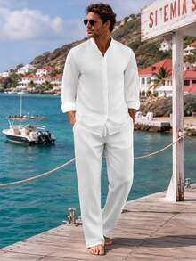 VENTUSAIL Chinese Style White Bubble Textured 2 Pieces Set For Men, Stand Collar Long Sleeve Shirt With Drawstring Straight Leg Pants, Relaxed Casual Vacation Outfit - White - View 3