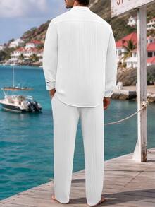 VENTUSAIL Chinese Style White Bubble Textured 2 Pieces Set For Men, Stand Collar Long Sleeve Shirt With Drawstring Straight Leg Pants, Relaxed Casual Vacation Outfit - White - View 2