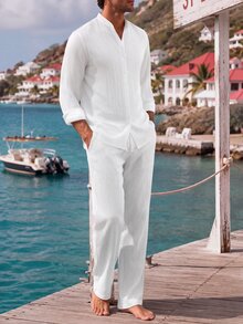 VENTUSAIL Chinese Style White Bubble Textured 2 Pieces Set For Men, Stand Collar Long Sleeve Shirt With Drawstring Straight Leg Pants, Relaxed Casual Vacation Outfit - White - View 4