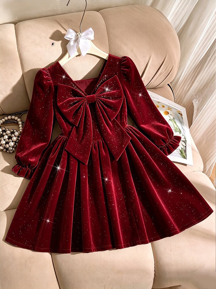 SHEIN Elladie kids Girls' 1pc Spring/Autumn New BialaSuknia Beach Weekend Birthday Outfit, Square Neck Long Sleeve Polka Dot Print, Back Small V Design, 3D Detachable Large Bow, Full Skirt With Side Ruffles, Minimalist Versatile Beach Style - Burgundy - View 2