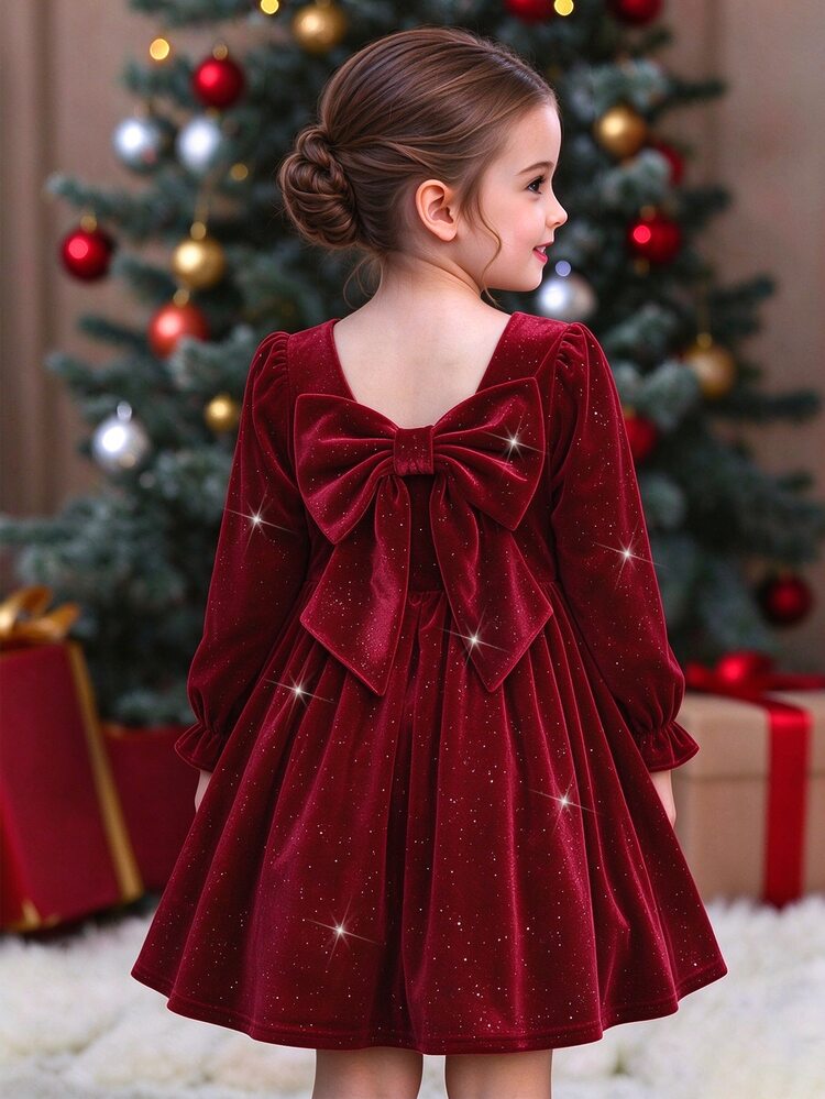 SHEIN Elladie kids Girls' 1pc Spring/Autumn New BialaSuknia Beach Weekend Birthday Outfit, Square Neck Long Sleeve Polka Dot Print, Back Small V Design, 3D Detachable Large Bow, Full Skirt With Side Ruffles, Minimalist Versatile Beach Style - Burgundy - View 3