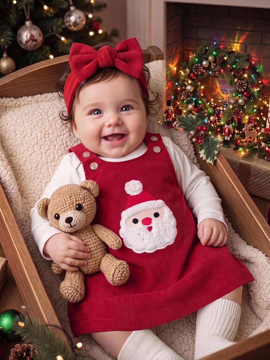 SHEIN Newborn Baby Girl Cute Red Christmas Pattern Autumn Winter Dress - Red - View 1