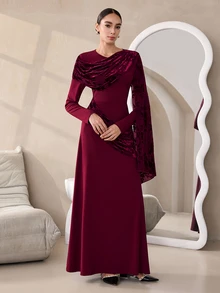Graceveil Elegant Autumn/Winter Flocked Mesh Pleated Cowl Neck Long Sleeve Cinched Waist Party Dress - Red - View 8