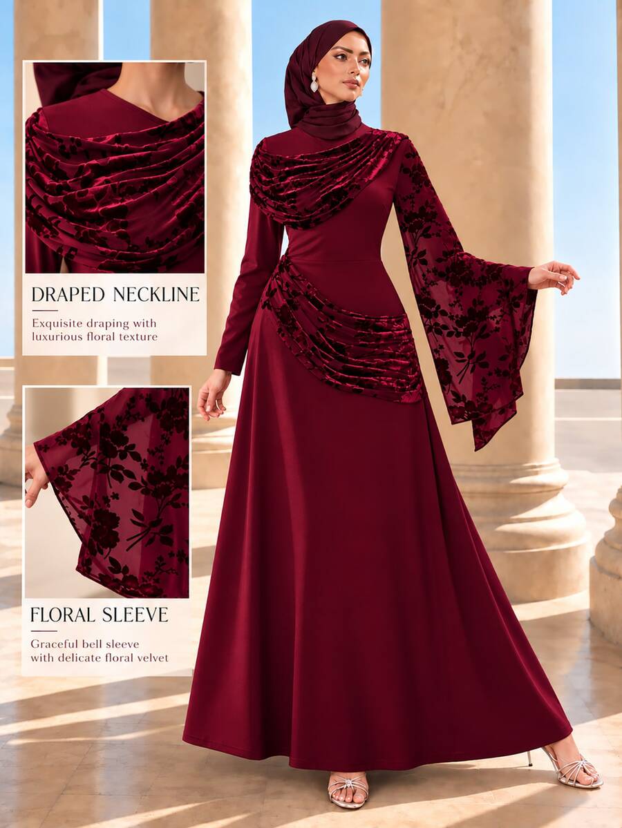 Graceveil Elegant Autumn/Winter Flocked Mesh Pleated Cowl Neck Long Sleeve Cinched Waist Party Dress - Red - View 1