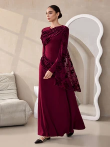 Graceveil Elegant Autumn/Winter Flocked Mesh Pleated Cowl Neck Long Sleeve Cinched Waist Party Dress - Red - View 7
