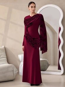 Graceveil Elegant Autumn/Winter Flocked Mesh Pleated Cowl Neck Long Sleeve Cinched Waist Party Dress - Red - View 4