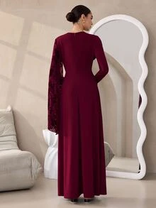 Graceveil Elegant Autumn/Winter Flocked Mesh Pleated Cowl Neck Long Sleeve Cinched Waist Party Dress - Red - View 2