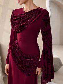 Graceveil Elegant Autumn/Winter Flocked Mesh Pleated Cowl Neck Long Sleeve Cinched Waist Party Dress - Red - View 5