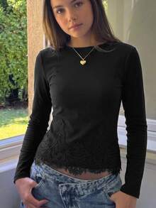 SHEIN 女童針織輕便灰色下擺對比蕾絲休閒長袖T恤 - 黑色 - 查看 4
