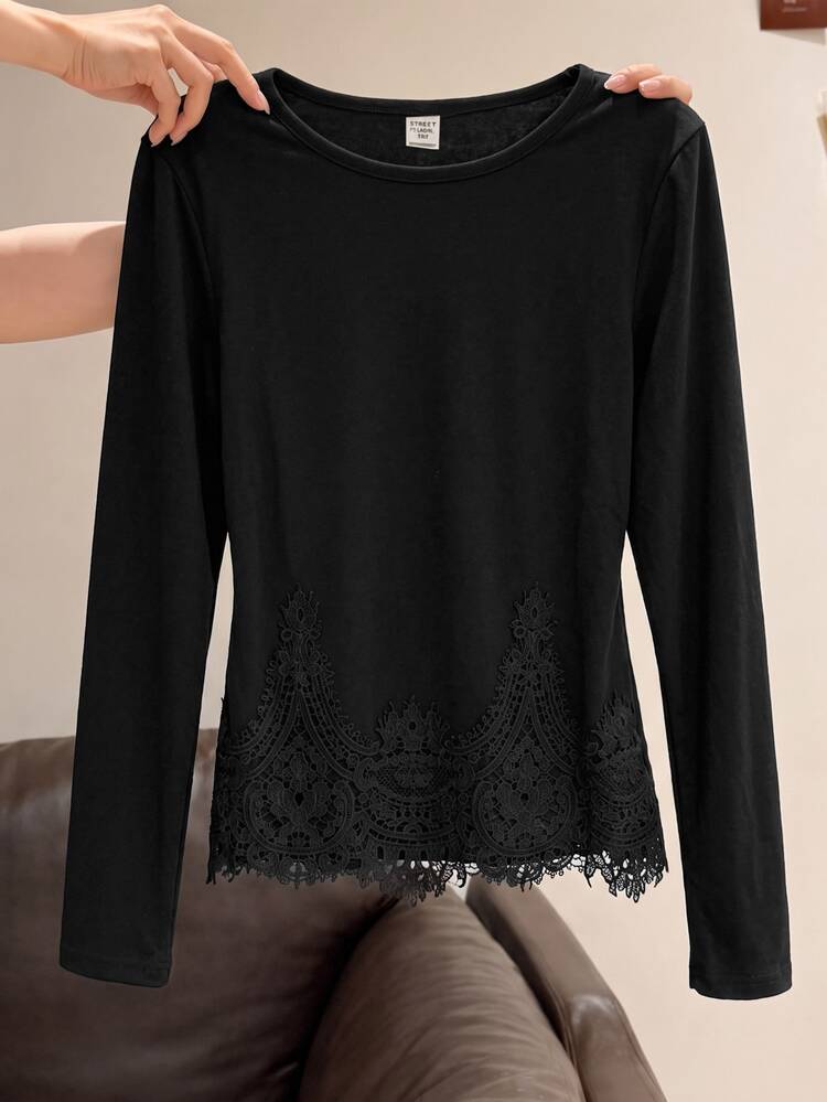 SHEIN Tween Girls Knit Light Tween Girl Grey Hem Contrast Lace Casual Long Sleeve T-Shirt Kids - Black - View 2