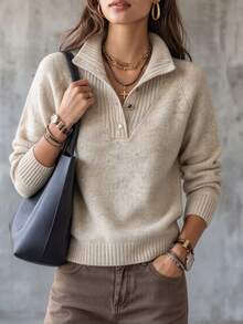 SHEIN Áo len dệt kim nữ thu đông cổ nửa cao mềm mại 5 cúc, tay raglan dáng rộng thoải mái, áo chui đầu ngắn, lớp mặc trong đa năng đi làm hàng ngày - Màu be - Xem 4